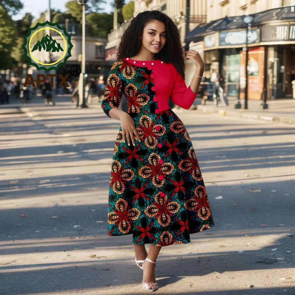 African Ankara Print Dress for Women – O - Neck Three - Quarter Sleeve Mid - Calf Dashiki Dress - Free Delivery Worldwide only at Flexi Africa