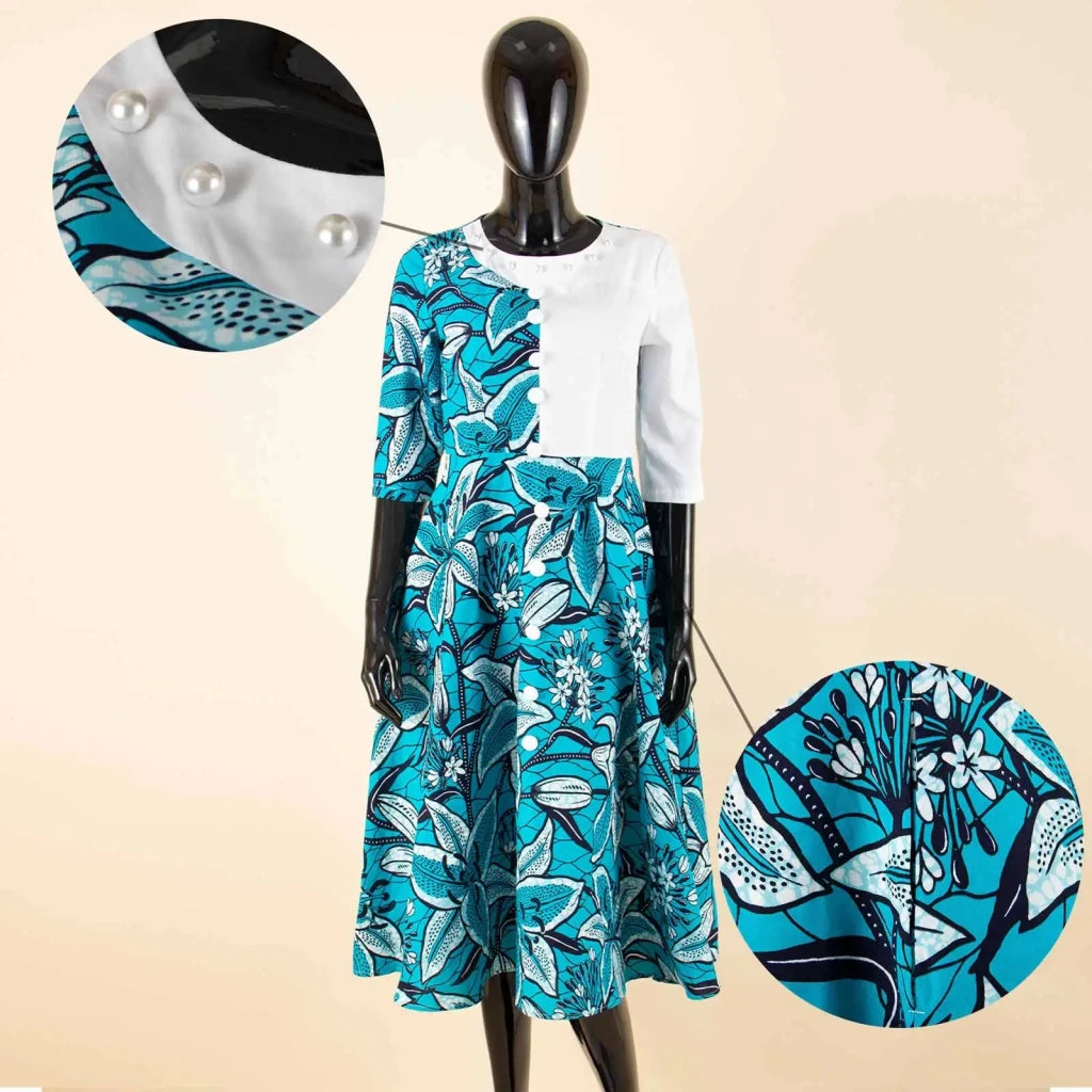 African Ankara Print Dress for Women – O - Neck Three - Quarter Sleeve Mid - Calf Dashiki Dress - Free Delivery Worldwide only at Flexi Africa