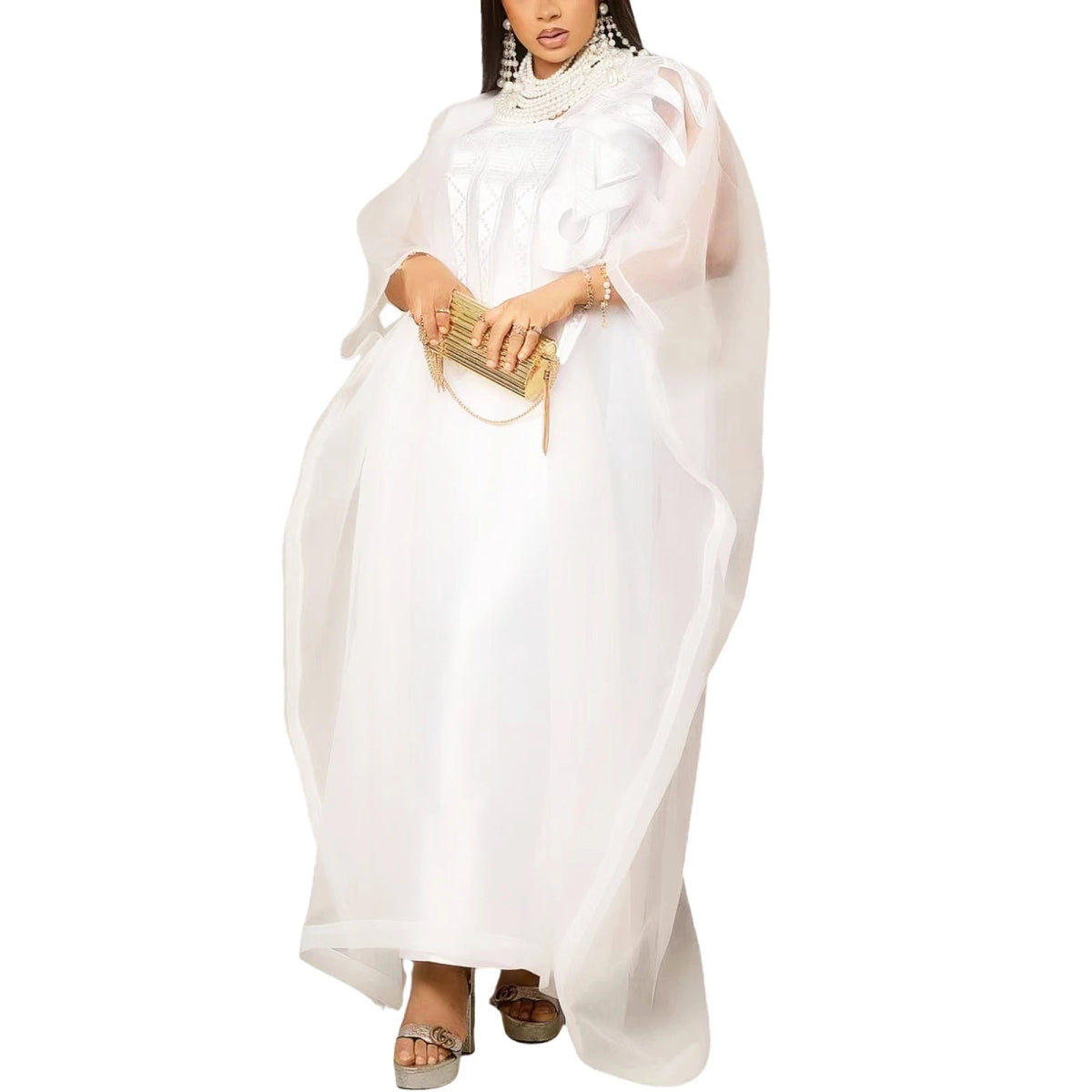 African Attire For Women White Abaya Embroidery Plus Size Elegant Party Church Dress - Free Delivery Worldwide only at Flexi Africa