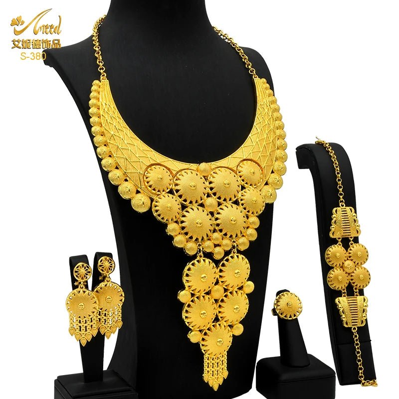 African Bridal Wedding Party Jewelry Set: Gold-Colored Necklace, Earrings, and Big Pendant Ensemble - Flexi Africa - Flexi Africa offers Free Delivery Worldwide - Vibrant African traditional clothing showcasing bold prints and intricate designs