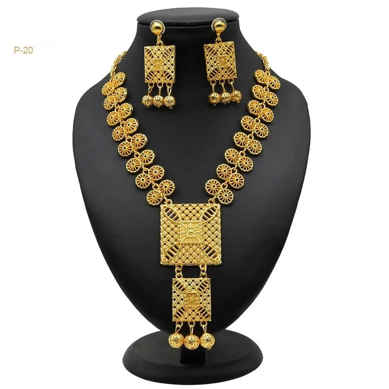 African Bridal Wedding Party Jewelry Set: Gold-Colored Necklace, Earrings, and Big Pendant Ensemble - Flexi Africa - Flexi Africa offers Free Delivery Worldwide - Vibrant African traditional clothing showcasing bold prints and intricate designs