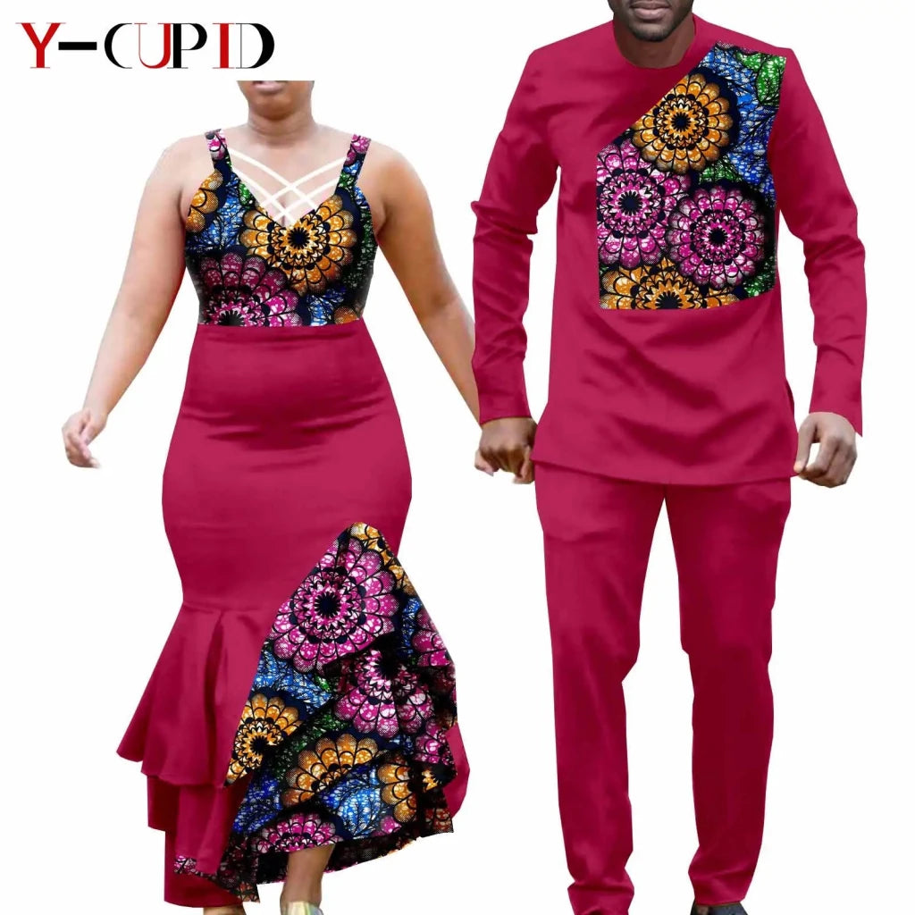 African Clothes for Couple Print Long Dresses for Women Dashiki Men Outfits Shirts and Pants 2 Piece Sets for Wedding A21C005 - Free Delivery Worldwide only at Flexi Africa