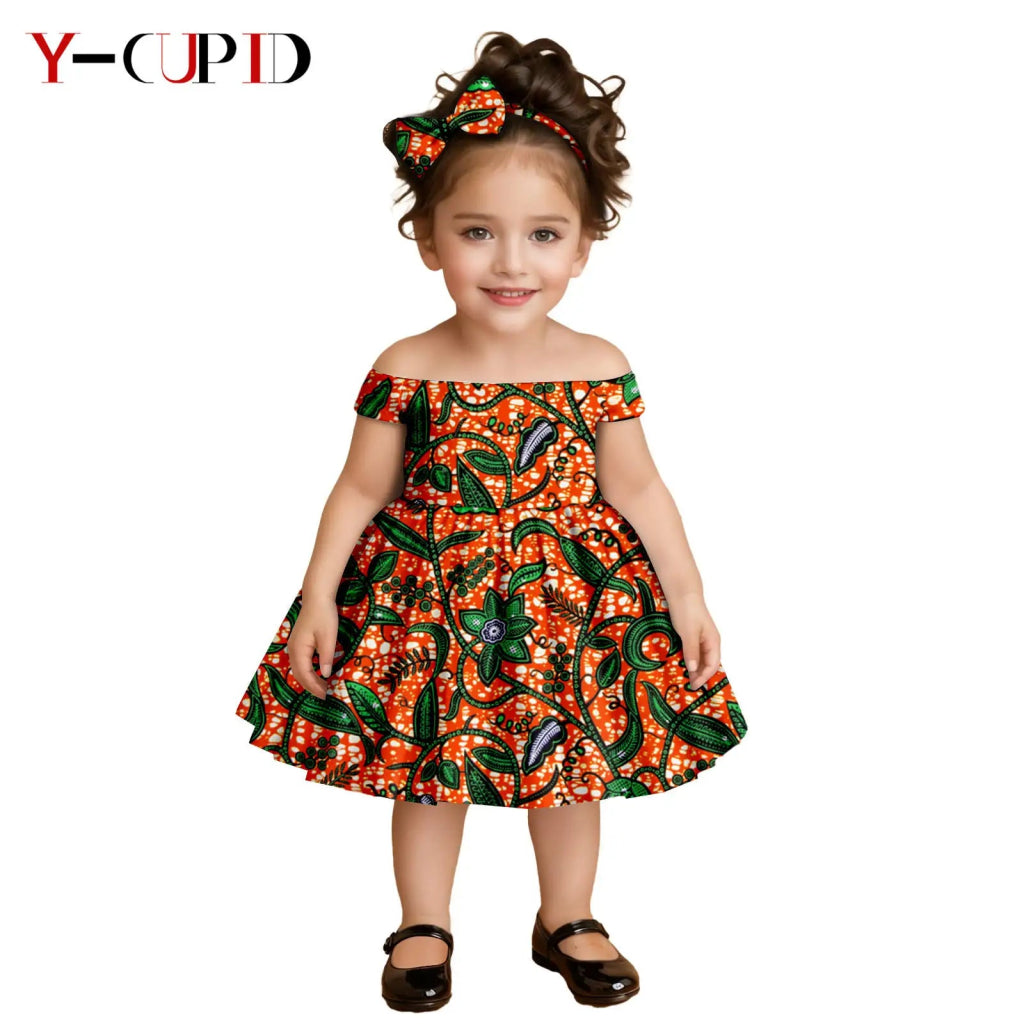 African Clothes for Kids Girls – Ankara Print Slash Neck Party Dress with Bow Headband - Free Delivery Worldwide only at Flexi Africa