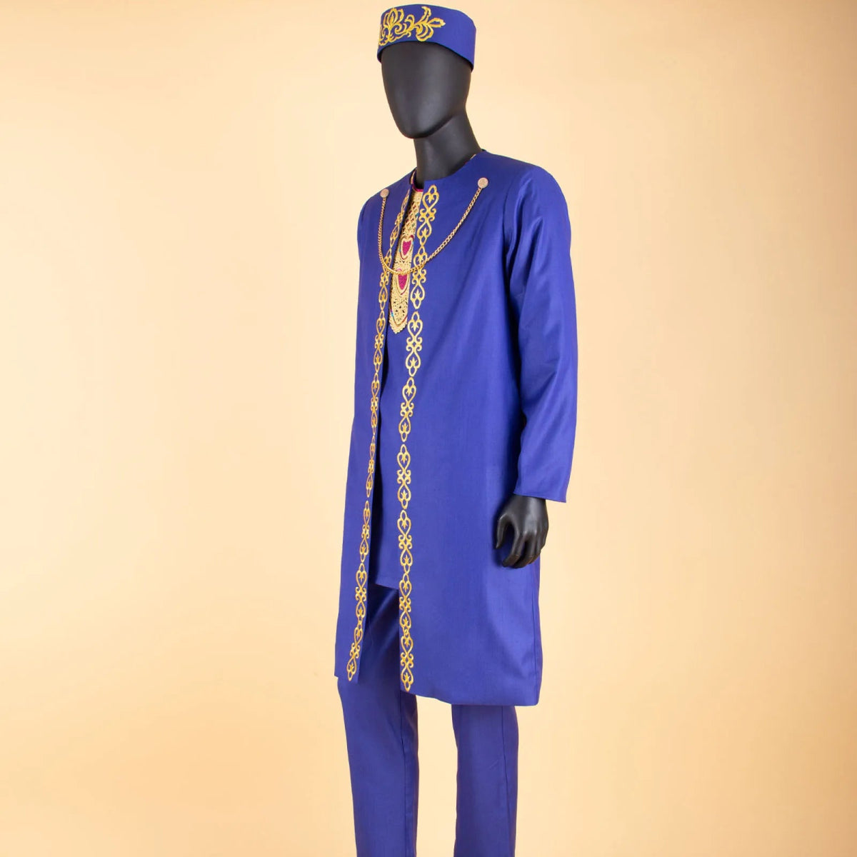 African Clothes for Men – Agbada Robe Embroidery Shirt, Pants, Hat 4PC Set with Chain - Free Delivery only at Flexi Africa