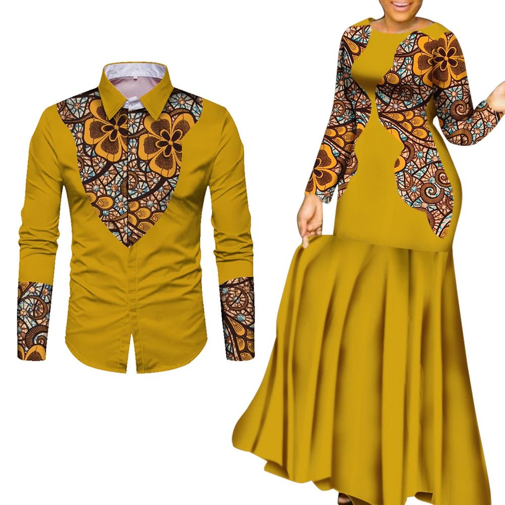African Couple Matching Outfits – Elegant Lovers’ Traditional Clothing Set, Men’s Shirt & Women’s Long Maxi Dress - Free Delivery Worldwide only at Flexi Africa