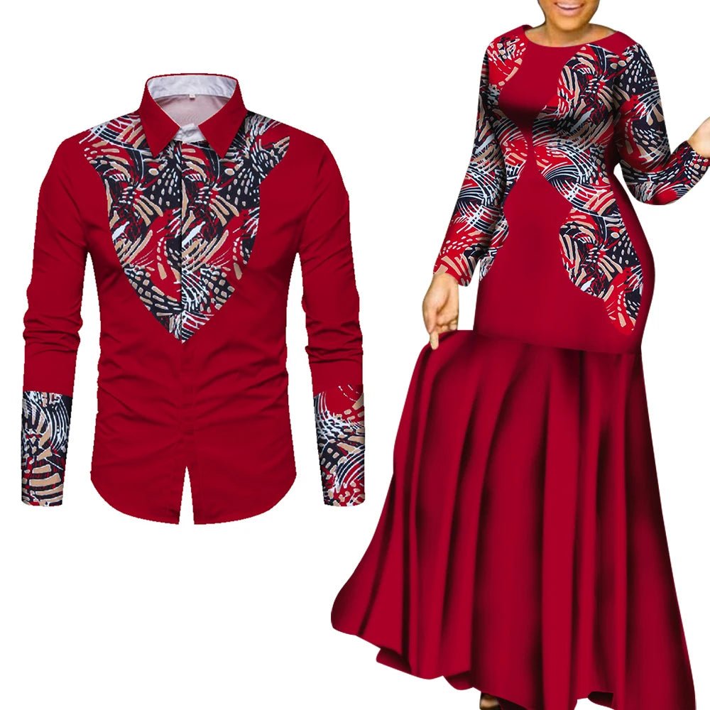 African Couple Matching Outfits – Elegant Lovers’ Traditional Clothing Set, Men’s Shirt & Women’s Long Maxi Dress - Free Delivery Worldwide only at Flexi Africa