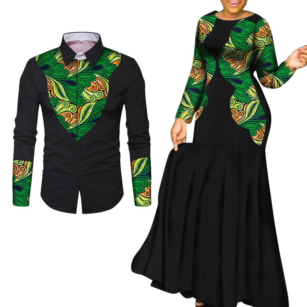African Couple Matching Outfits – Elegant Lovers’ Traditional Clothing Set, Men’s Shirt & Women’s Long Maxi Dress - Free Delivery Worldwide only at Flexi Africa