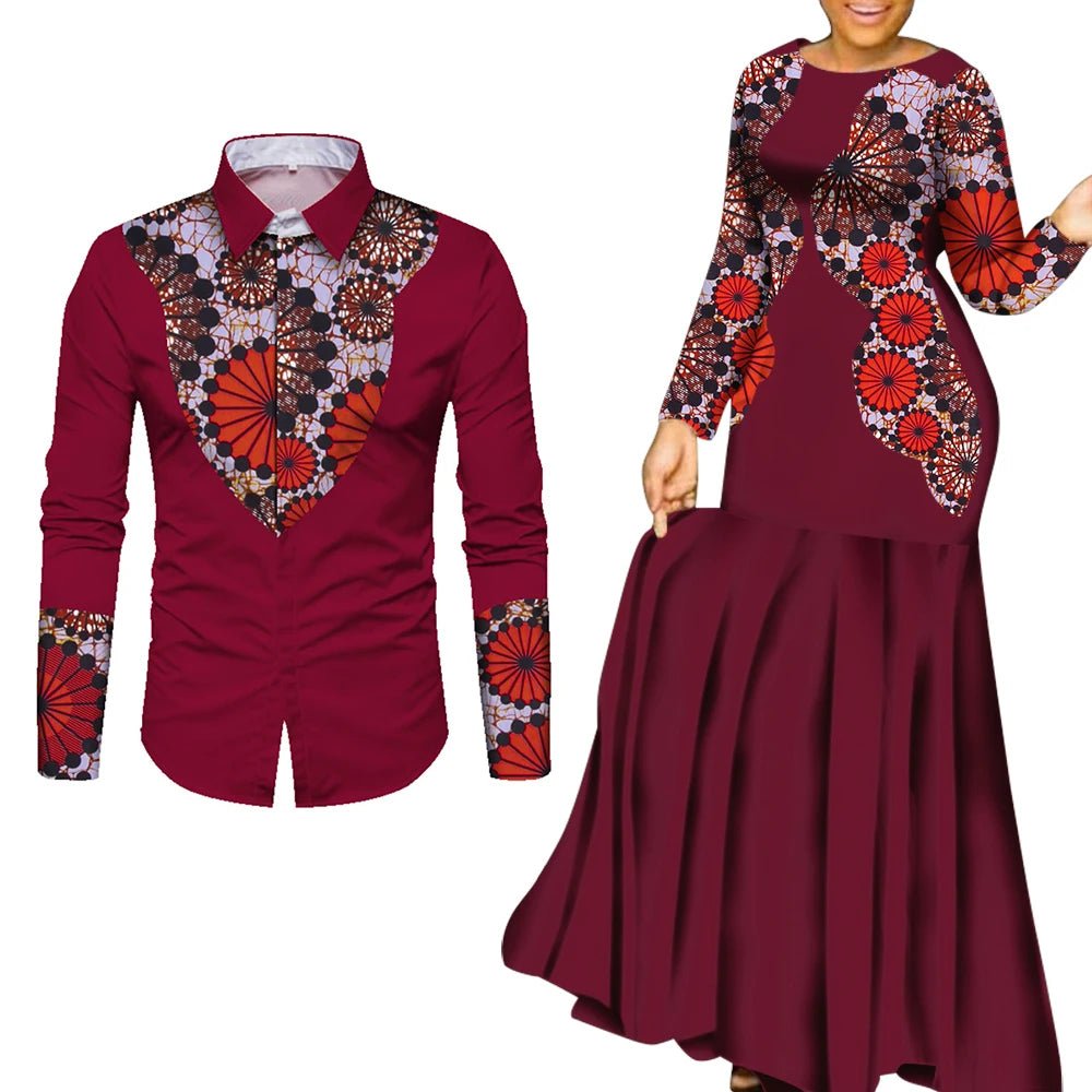 African Couple Matching Outfits – Elegant Lovers’ Traditional Clothing Set, Men’s Shirt & Women’s Long Maxi Dress - Free Delivery Worldwide only at Flexi Africa