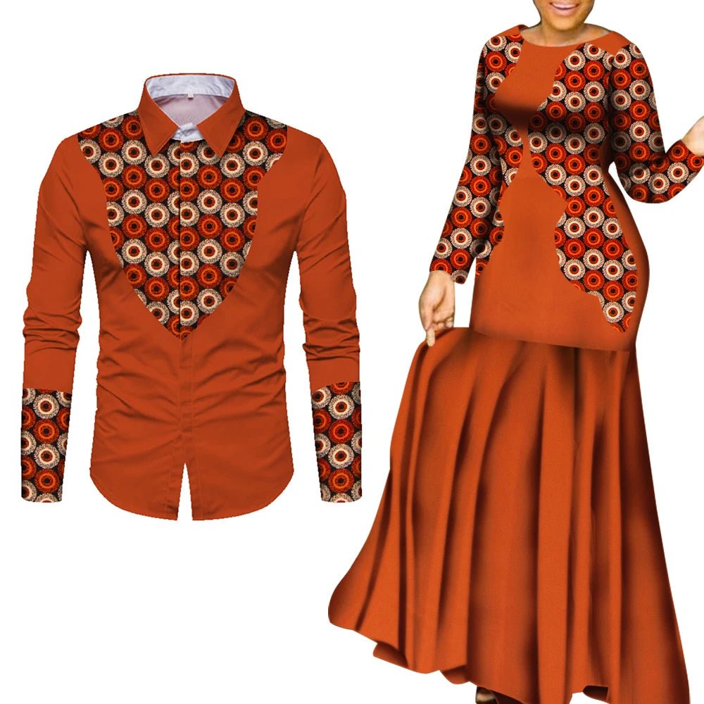 African Couple Matching Outfits – Elegant Lovers’ Traditional Clothing Set, Men’s Shirt & Women’s Long Maxi Dress - Free Delivery Worldwide only at Flexi Africa