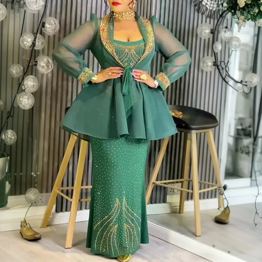African Dashiki 2PC Set for Women – Diamond Embellished Evening Gown with Matching Coat - Free Delivery Worldwide only at Flexi Africa