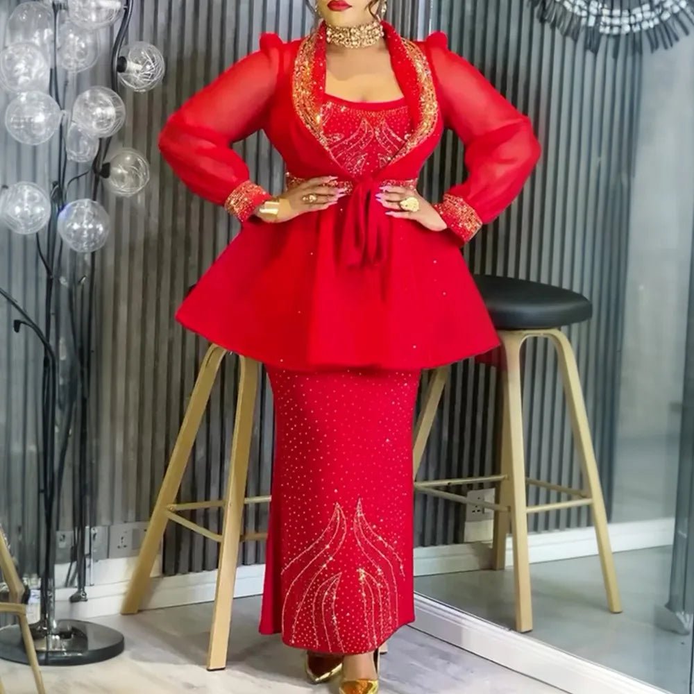 African Dashiki 2PC Set for Women – Diamond Embellished Evening Gown with Matching Coat - Free Delivery Worldwide only at Flexi Africa