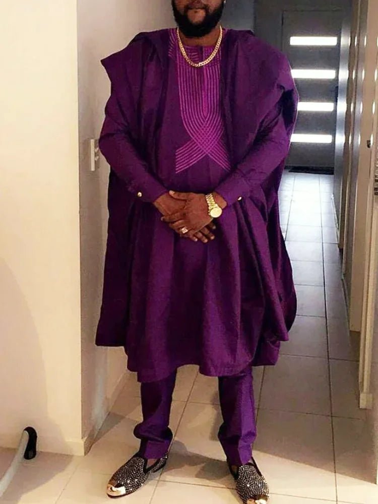 African Dashiki Agbada Set for Men – 3 Piece Traditional Ankara Outfit Shirt, Pants & Robe - Free Delivery Worldwide only at Flexi Africa