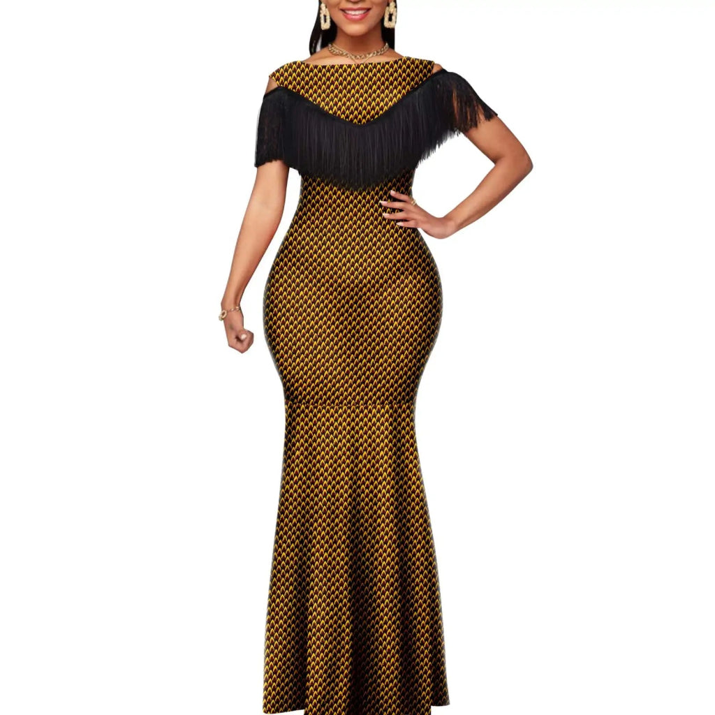 African Dashiki Bazin Riche Long Dress for Women – Slim Tassel Print Matching Couple Party Outfit - Free Delivery Worldwide only at Flexi Africa
