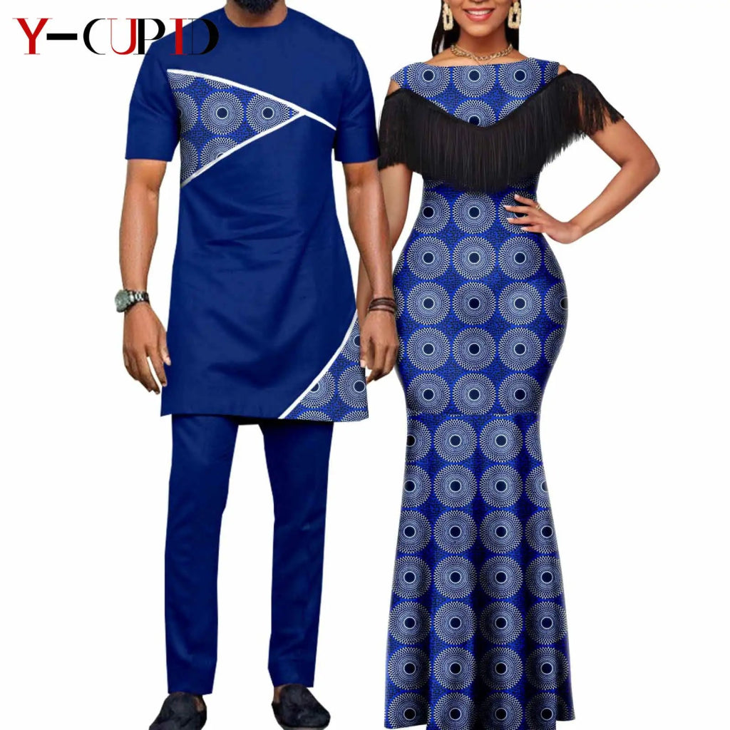 African Dashiki Bazin Riche Long Dress for Women – Slim Tassel Print Matching Couple Party Outfit - Free Delivery Worldwide only at Flexi Africa