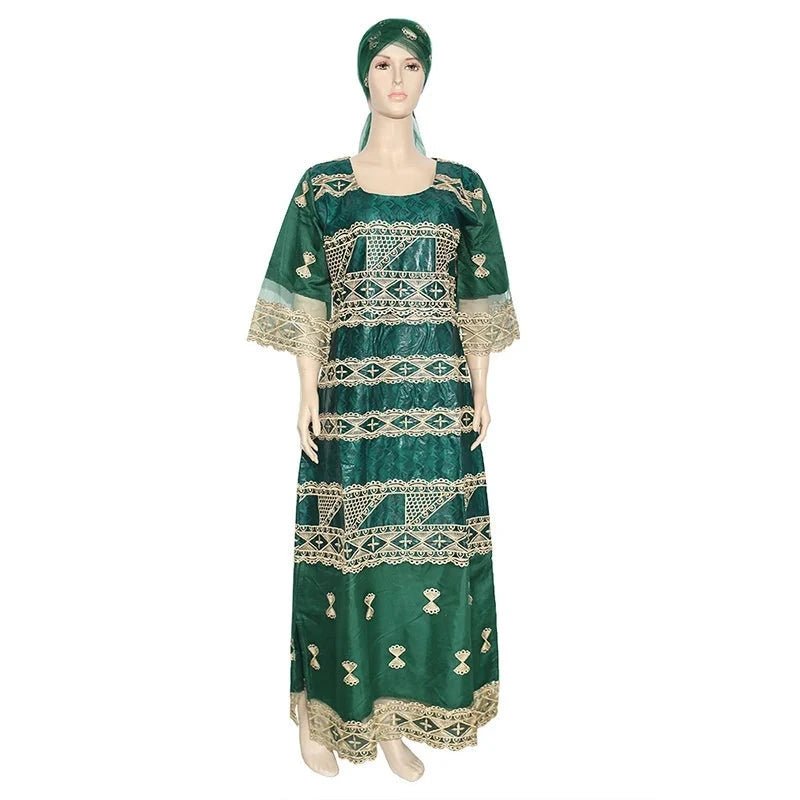 African Dashiki Maxi Dress: Bazin Embroidery, Beading, and Lace Robe for Wedding Party Elegance - Free Delivery Worldwide only at Flexi Africa