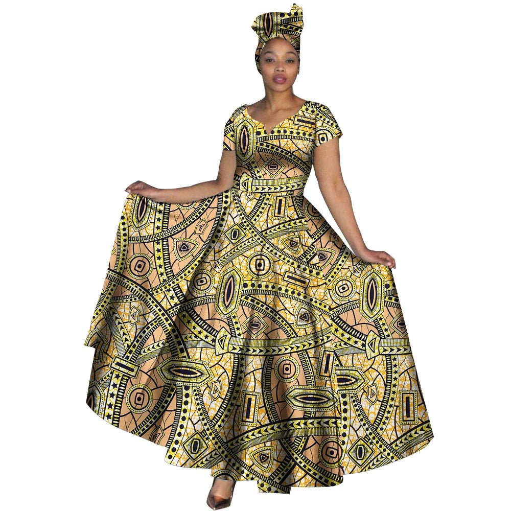 African Dashiki Women’s Maxi Dress – Ankara Print V - Neck Long Dress with Head Scarf - Free Delivery Worldwide only at Flexi Africa