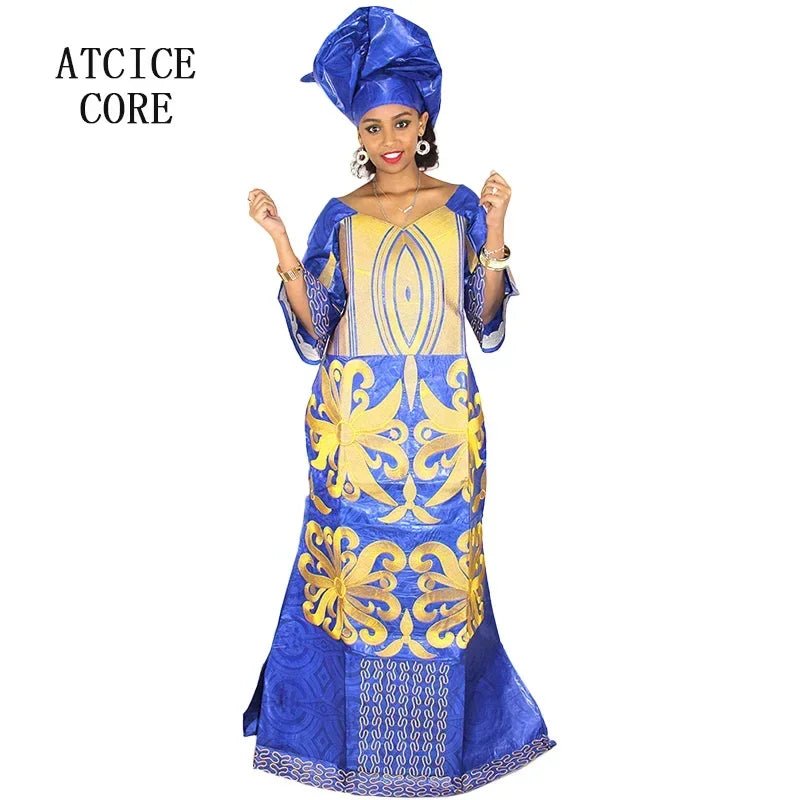 African Dress For Woman Bazin Riche Embroidery Design Floor Length Dress With Scarf - Free Delivery Worldwide only at Flexi Africa