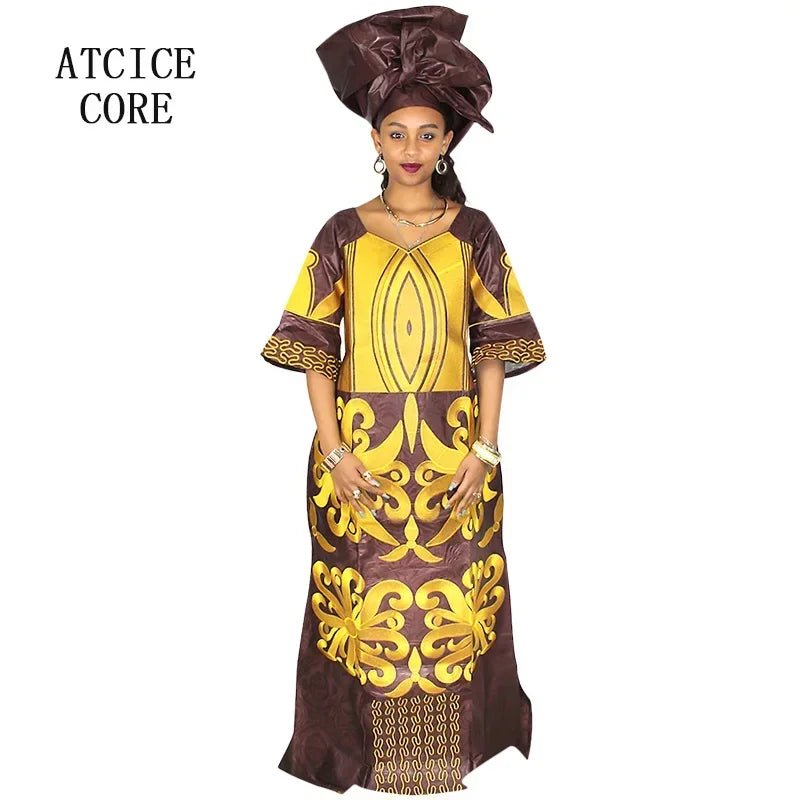 African Dress For Woman Bazin Riche Embroidery Design Floor Length Dress With Scarf - Free Delivery Worldwide only at Flexi Africa