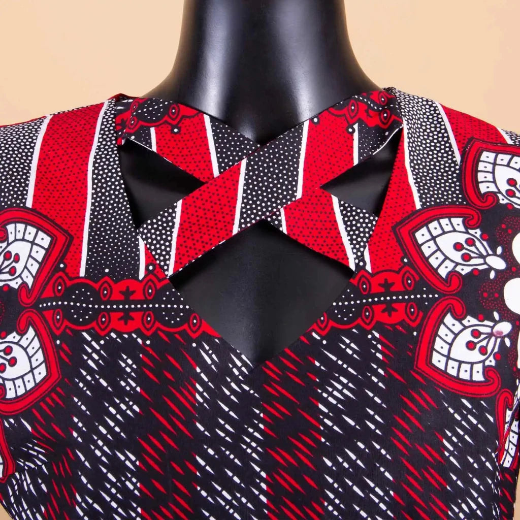 African Dresses for Women Match Print Bow Tie V - Neck Sleeve African Clothes Ankara Print Outfits Plus Size Bazin Riche S2025041 - Free Delivery Worldwide only at Flexi Africa