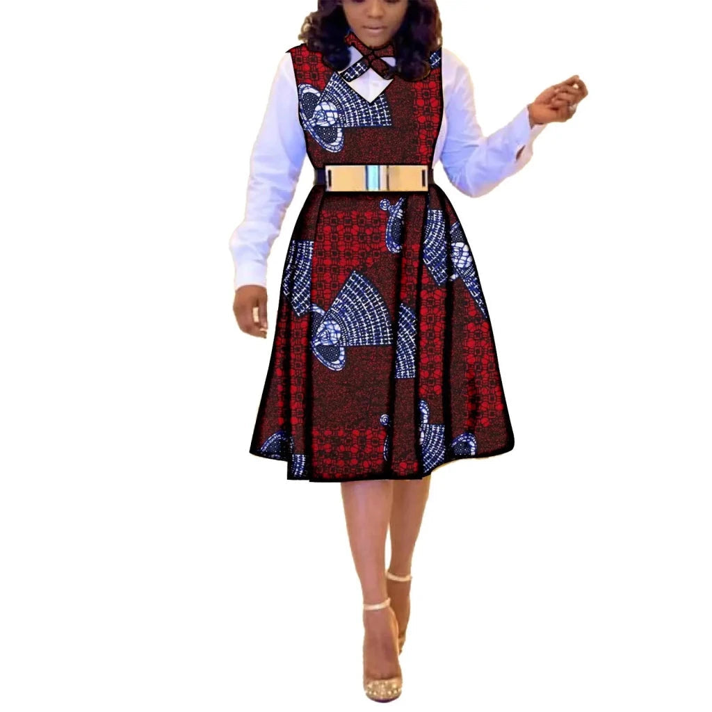 African Dresses for Women Match Print Bow Tie V - Neck Sleeve African Clothes Ankara Print Outfits Plus Size Bazin Riche S2025041 - Free Delivery Worldwide only at Flexi Africa