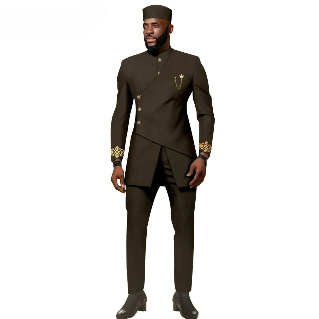 African Ethnic New Men's Casual Suit - Refined and Fitted Style - Party Dress - Fashionable Men's Clothing (Top + Pants + Hat) - Free Delivery Worldwide only at Flexi Africa