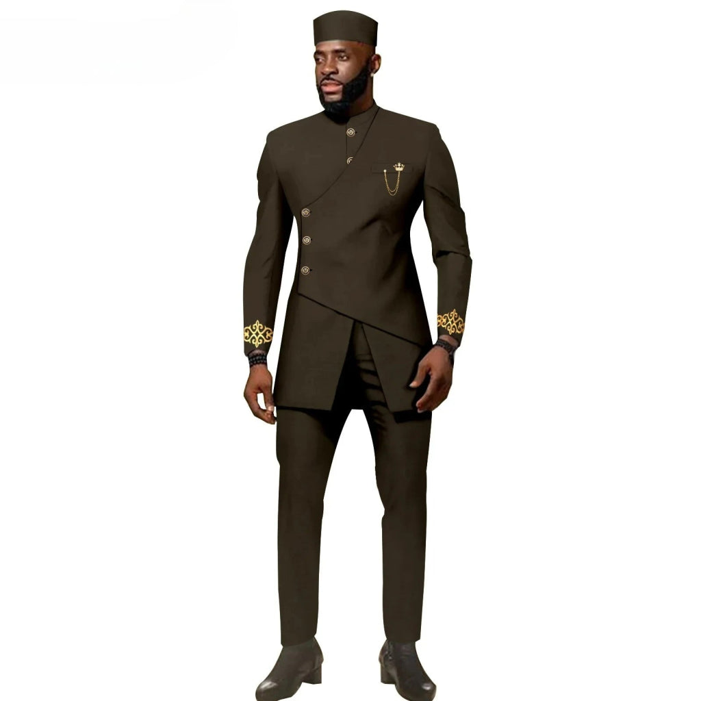 African Ethnic New Men's Casual Suit - Refined and Fitted Style - Party Dress - Fashionable Men's Clothing (Top + Pants + Hat) - Free Delivery Worldwide only at Flexi Africa