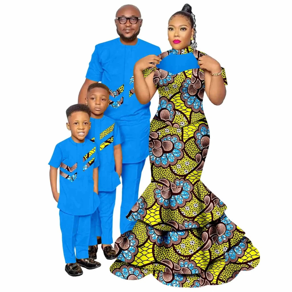 African Family Matching Outfits – Dashiki Women’s Long Mermaid Dress with Men & Boys Shirt and Pant Sets, - Free Delivery Worldwide only at Flexi Africa