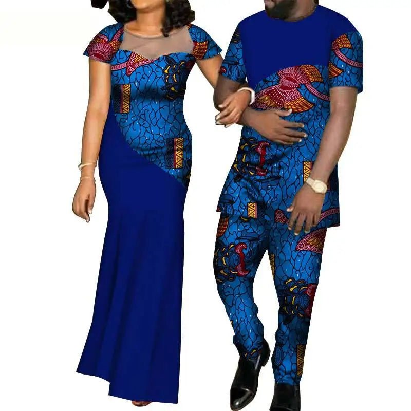 African Fashion Inspired Couples Ensemble: Women's Dress and Men's Suit Set - Flexi Africa - Flexi Africa offers Free Delivery Worldwide - Vibrant African traditional clothing showcasing bold prints and intricate designs