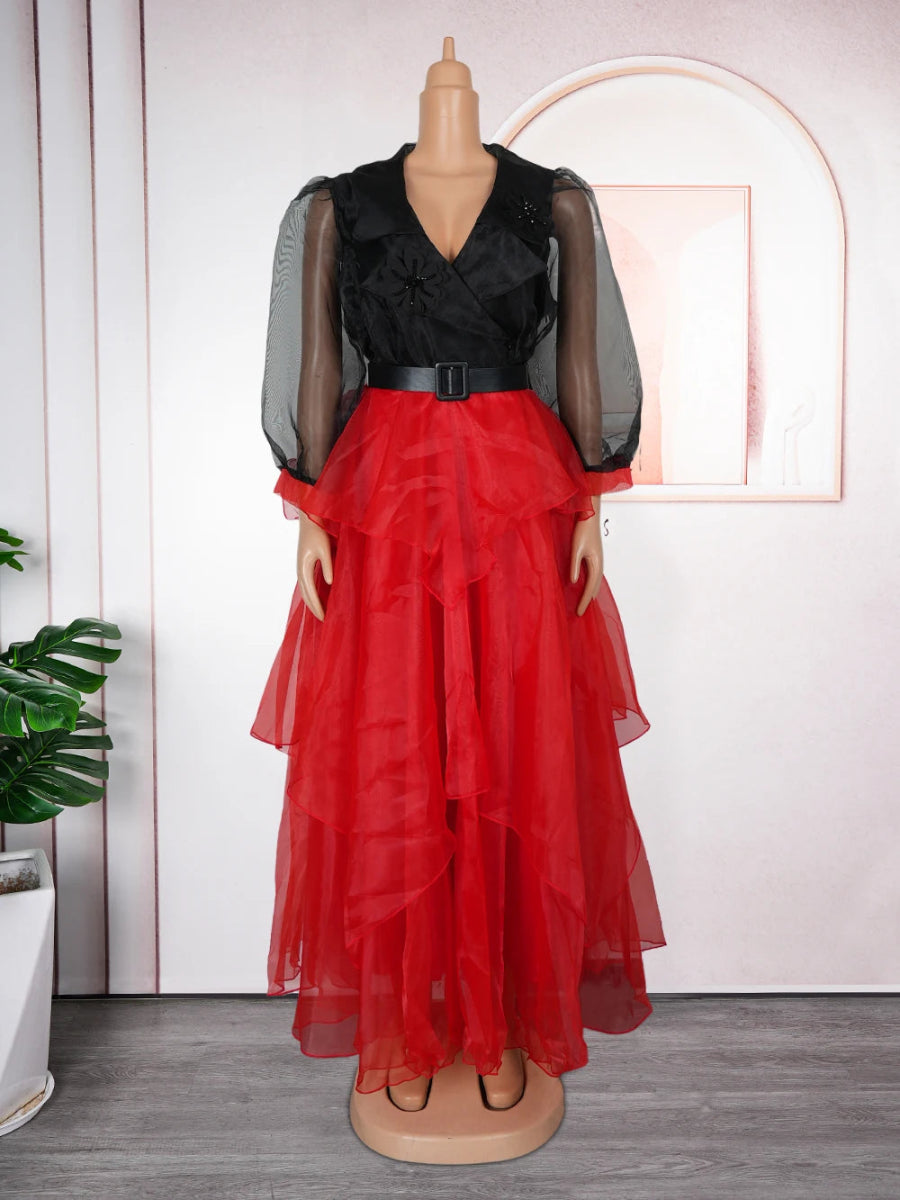 African Fashion Plus Size Long Sleeve Dress – Elegant Gauze Gown for Weddings and Daily Wear - Free Delivery Worldwide only at Flexi Africa