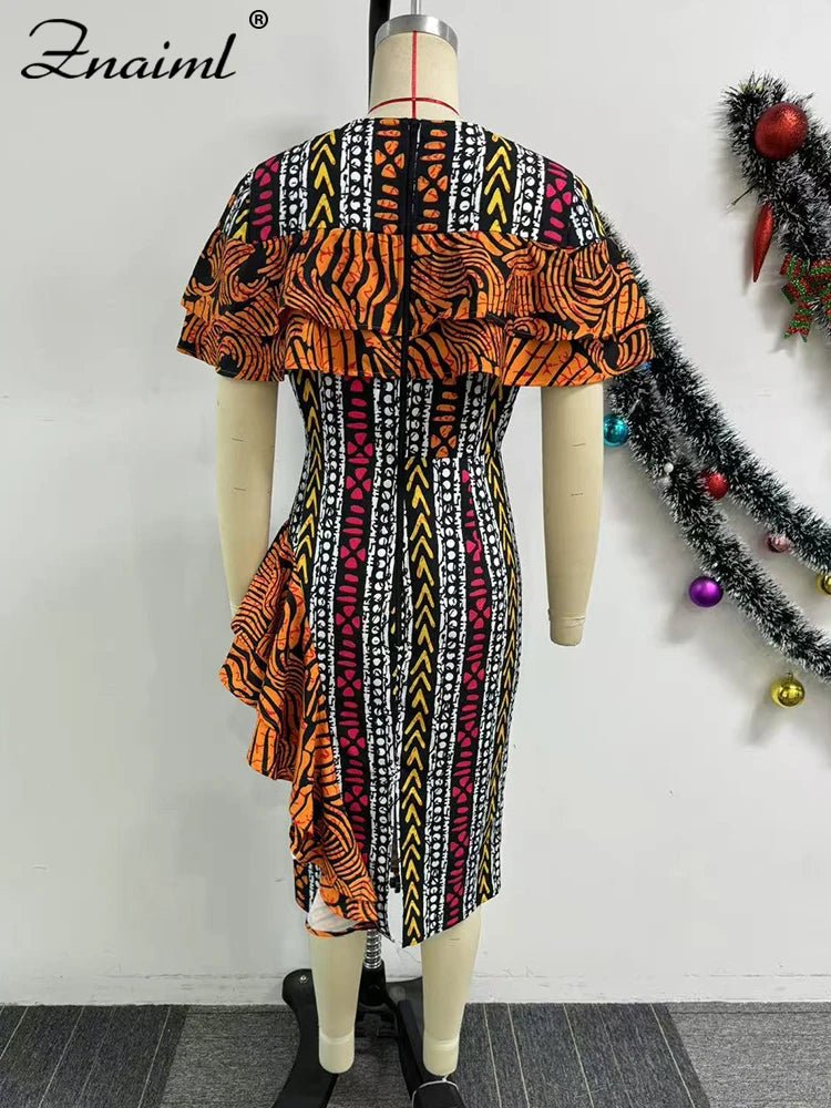 African Festival Print Midi Dress – Elegant Short Sleeve Ruffle Bodycon Summer Outfit - Free Delivery Worldwide only at Flexi Africa