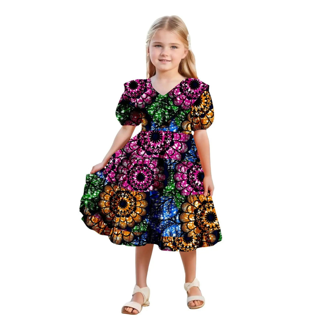 African Girls’ Ankara Print Dress with Double Ruffle Collar – Bazin Riche Children’s Party Dress - Free Delivery Worldwide only at Flexi Africa