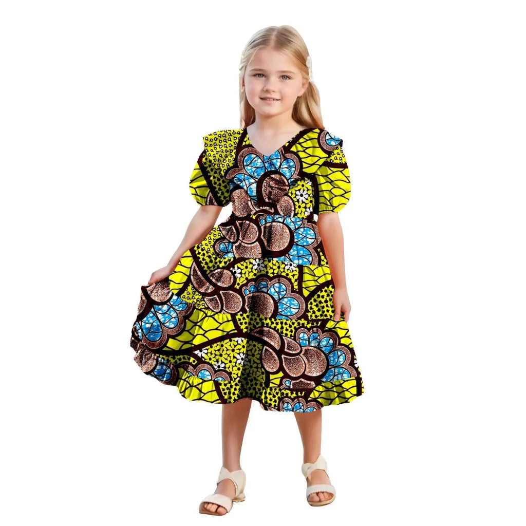 African Girls’ Ankara Print Dress with Double Ruffle Collar – Bazin Riche Children’s Party Dress - Free Delivery Worldwide only at Flexi Africa