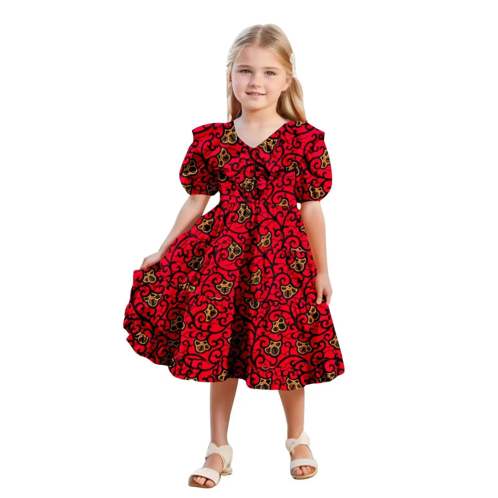 African Girls’ Ankara Print Dress with Double Ruffle Collar – Bazin Riche Children’s Party Dress - Free Delivery Worldwide only at Flexi Africa