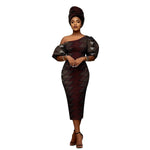 African Heritage Dress – Slim Fit Dashiki Gown with Puff Sleeves and Headwrap - Free Delivery Worldwide only at Flexi Africa