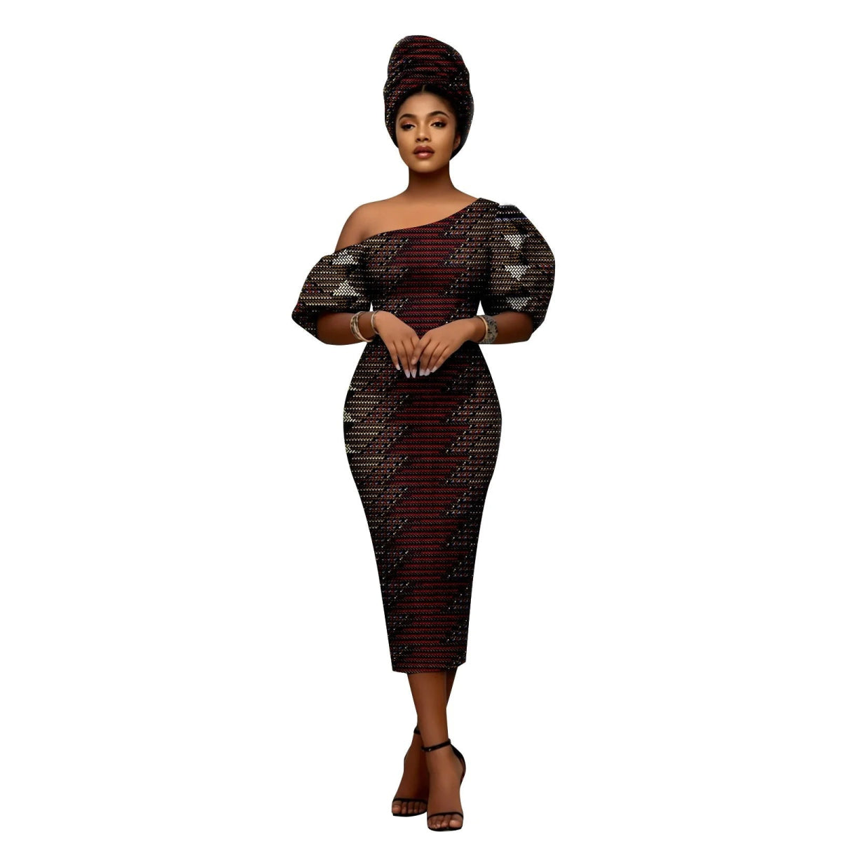 African Heritage Dress – Slim Fit Dashiki Gown with Puff Sleeves and Headwrap - Free Delivery Worldwide only at Flexi Africa