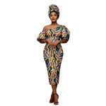 African Heritage Dress – Slim Fit Dashiki Gown with Puff Sleeves and Headwrap - Free Delivery Worldwide only at Flexi Africa