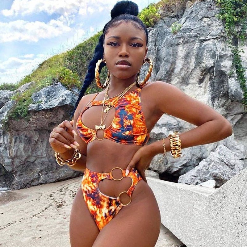 African-Inspired Floral Bikini: Sexy Cut-Outs and Chain Ring for a Bold Swimwear Look - Flexi Africa - Flexi Africa offers Free Delivery Worldwide - Vibrant African traditional clothing showcasing bold prints and intricate designs