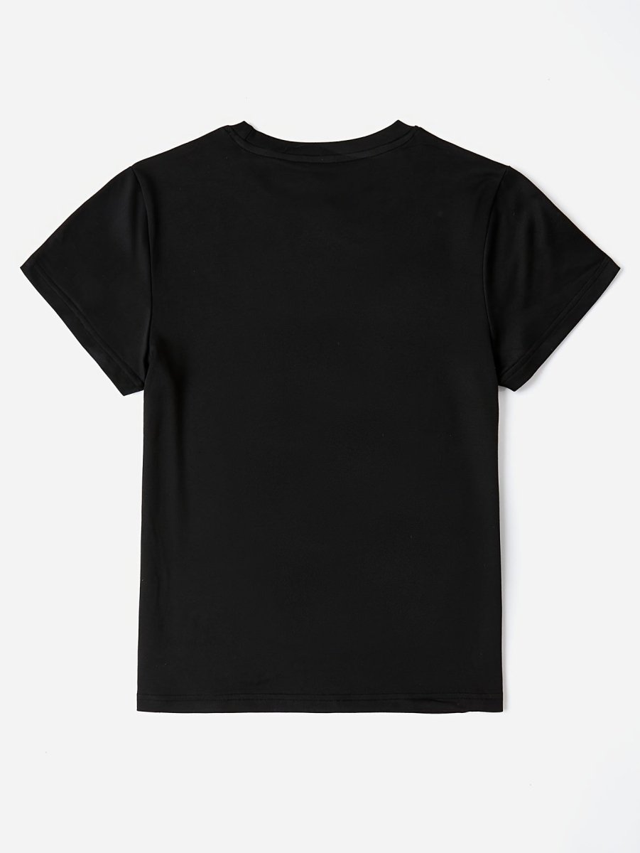 African - Inspired Patterned T-Shirt for Women, 95% Polyester 5% Elastane, Crew Neck Short Sleeve Top, Casual Loose Fit, Summer & Spring Fashion, Black, Spring Fashion Top | Casual Crew Neck | Glossy Fabric - Free Delivery Worldwide only at Flexi Africa