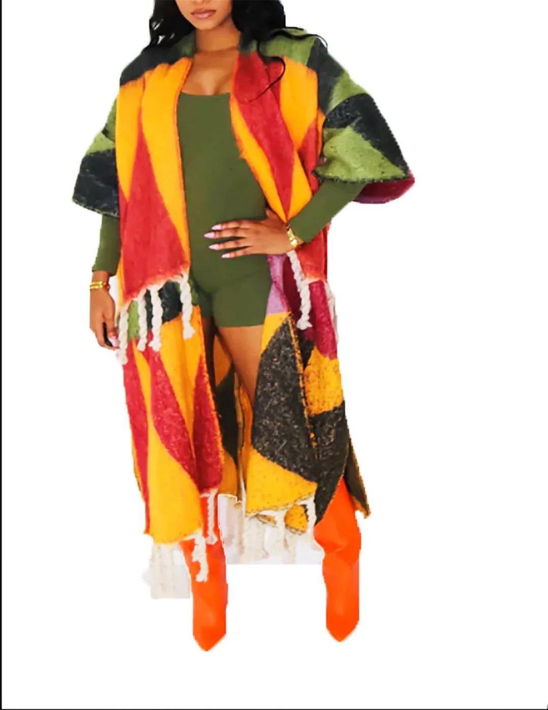African-inspired Plus Size Casual Print Fringe Cardigans: Stylish Ankle Length Outwear for Winter - Flexi Africa - Flexi Africa offers Free Delivery Worldwide - Vibrant African traditional clothing showcasing bold prints and intricate designs
