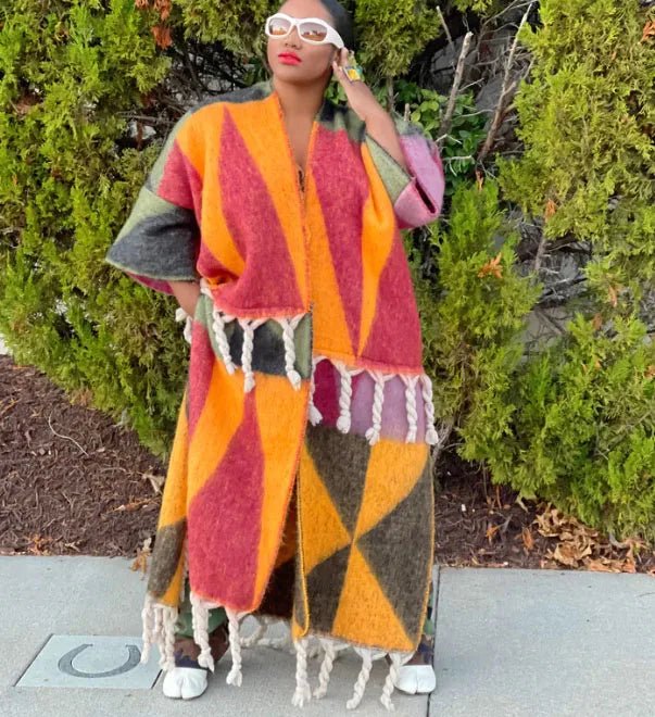 African-inspired Plus Size Casual Print Fringe Cardigans: Stylish Ankle Length Outwear for Winter - Flexi Africa - Flexi Africa offers Free Delivery Worldwide - Vibrant African traditional clothing showcasing bold prints and intricate designs