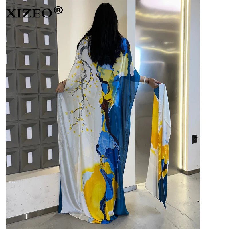 African Kaftan Maxi Dress – Elegant Style Abaya with Crew Neck Wave Dot Print - Free Delivery Worldwide only at Flexi Africa