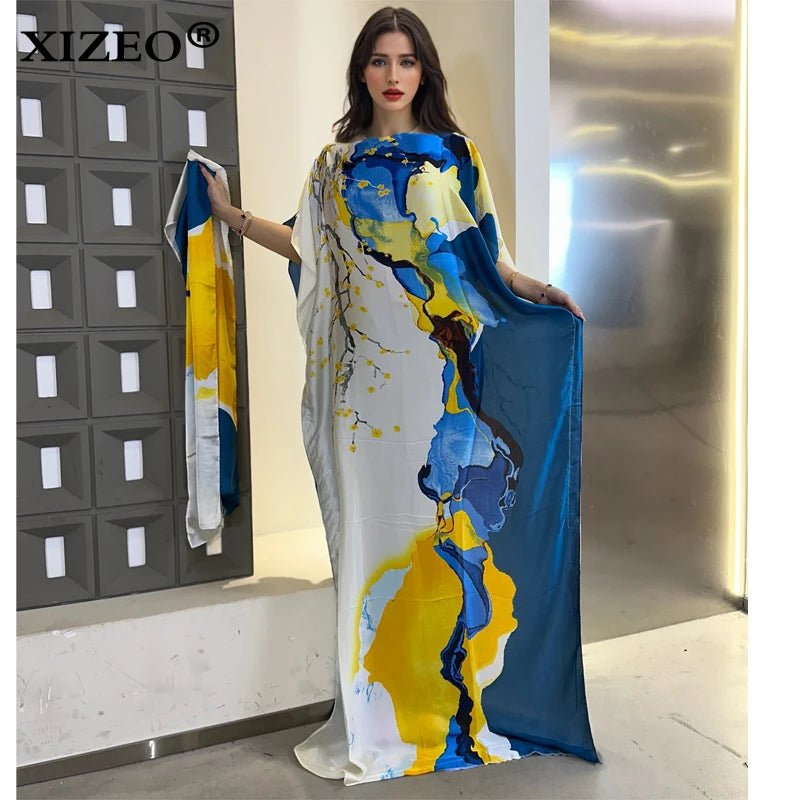 African Kaftan Maxi Dress – Elegant Style Abaya with Crew Neck Wave Dot Print - Free Delivery Worldwide only at Flexi Africa