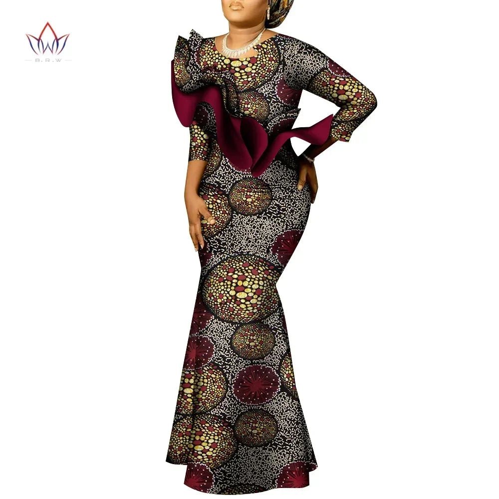 African Maxi Dress – Bazin Riche Cotton Wax Print, Nine - Point Sleeve Long Gown - Free Delivery Worldwide only at Flexi Africa