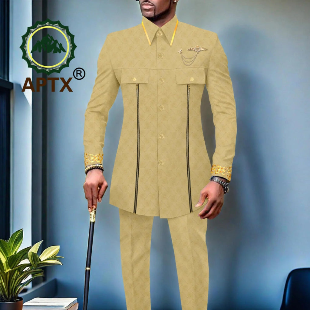 African Men’s Bazin Riche Suit – Gold Embroidered Coat and Pants Set for Weddings and Formal Occasions - Free Delivery Worldwide only at Flexi Africa
