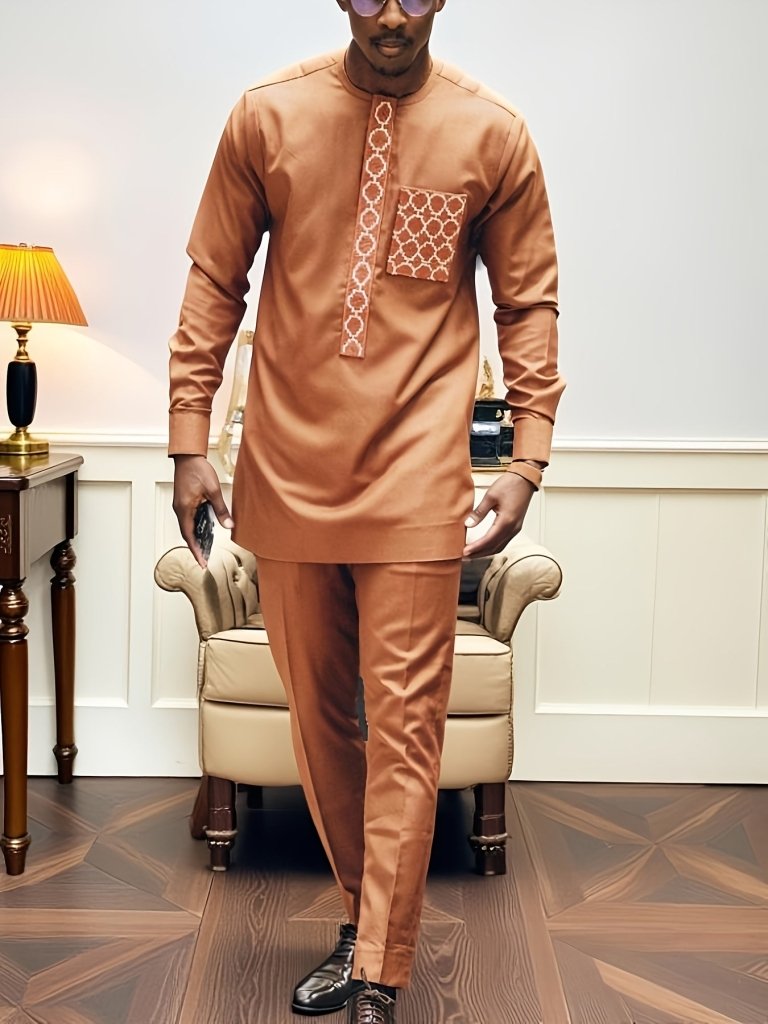 African Men’s Dashiki Outfit Set – Embroidered Round Neck Shirt & Elastic Waist Trousers (2PCS) - Free Delivery Worldwide only at Flexi Africa