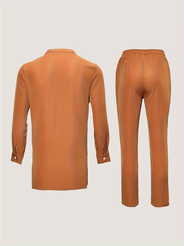 African Men’s Dashiki Outfit Set – Embroidered Round Neck Shirt & Elastic Waist Trousers (2PCS) - Free Delivery Worldwide only at Flexi Africa