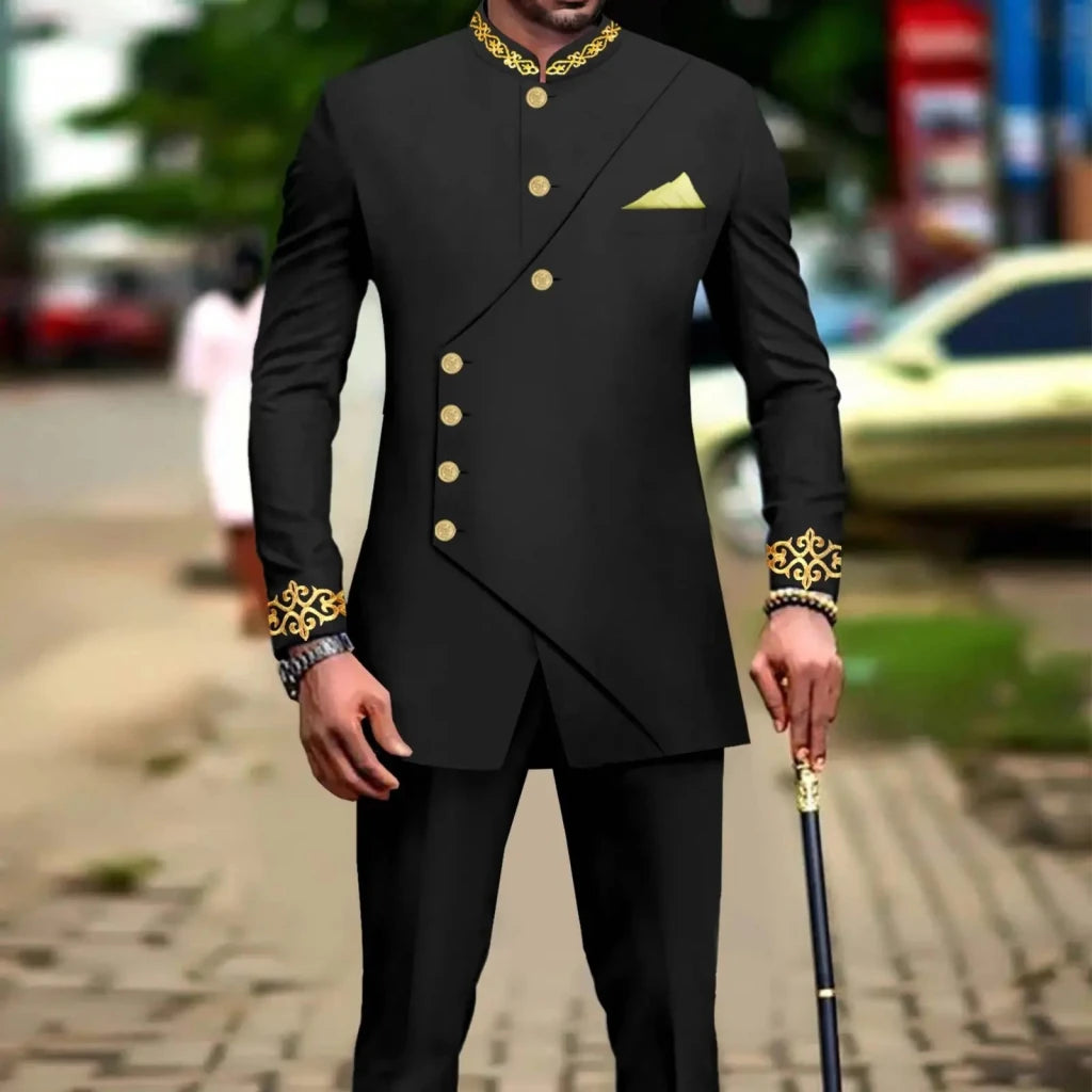 African Men’s Slim - Fit Suit Set – Double - Breasted Embroidered Blazer & Matching Trousers, Full - Sleeve Formal Business Attire - Free Delivery Worldwide only at Flexi Africa