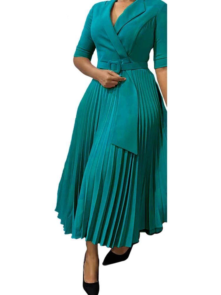 African Pleated A - Line Dress for Women – V - Neck High - Waist Office Dress with Belt - Free Delivery Worldwide only at Flexi Africa