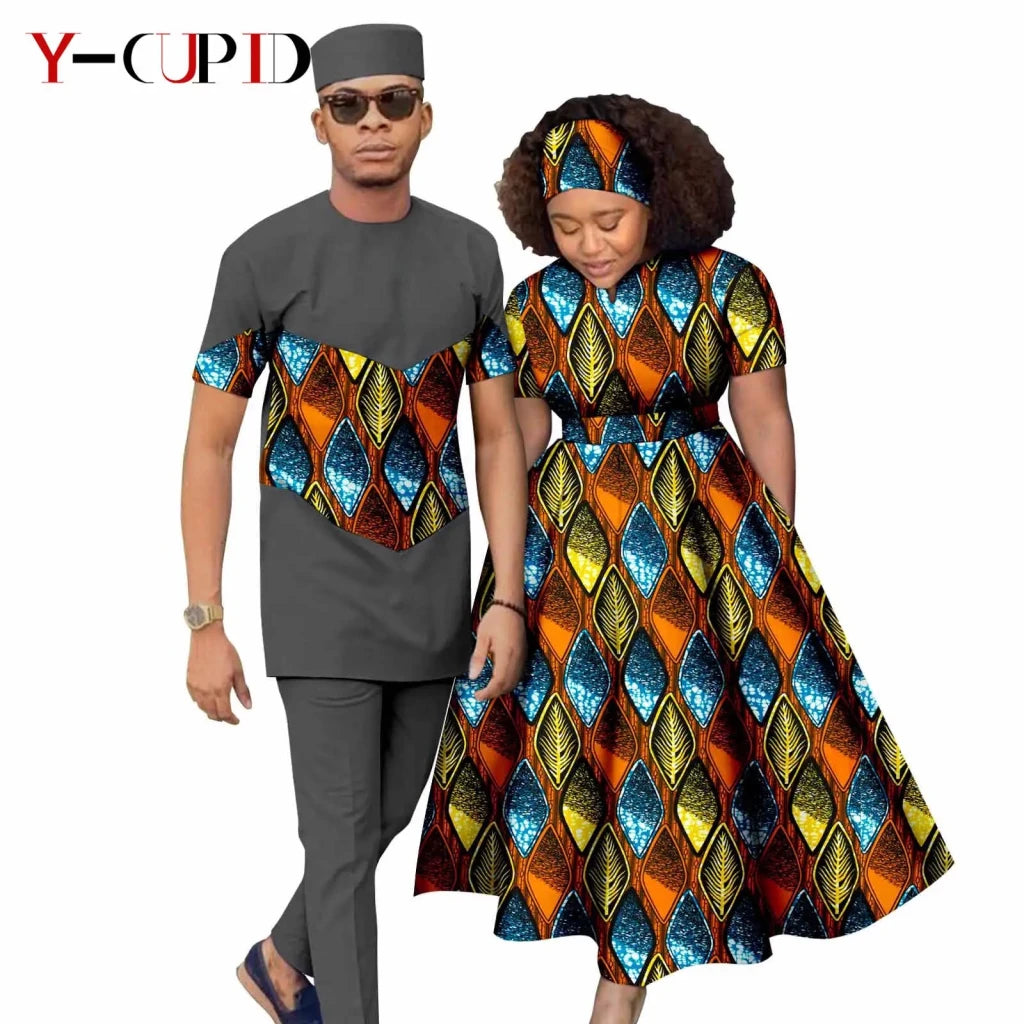 African Print Couple Matching Set – Women’s Long Dress & Men’s Dashiki Pant Outfit - Free Delivery Worldwide only at Flexi Africa