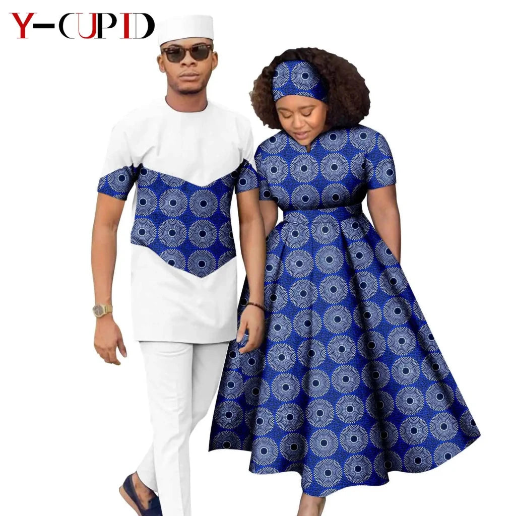 African Print Couple Matching Set – Women’s Long Dress & Men’s Dashiki Pant Outfit - Free Delivery Worldwide only at Flexi Africa